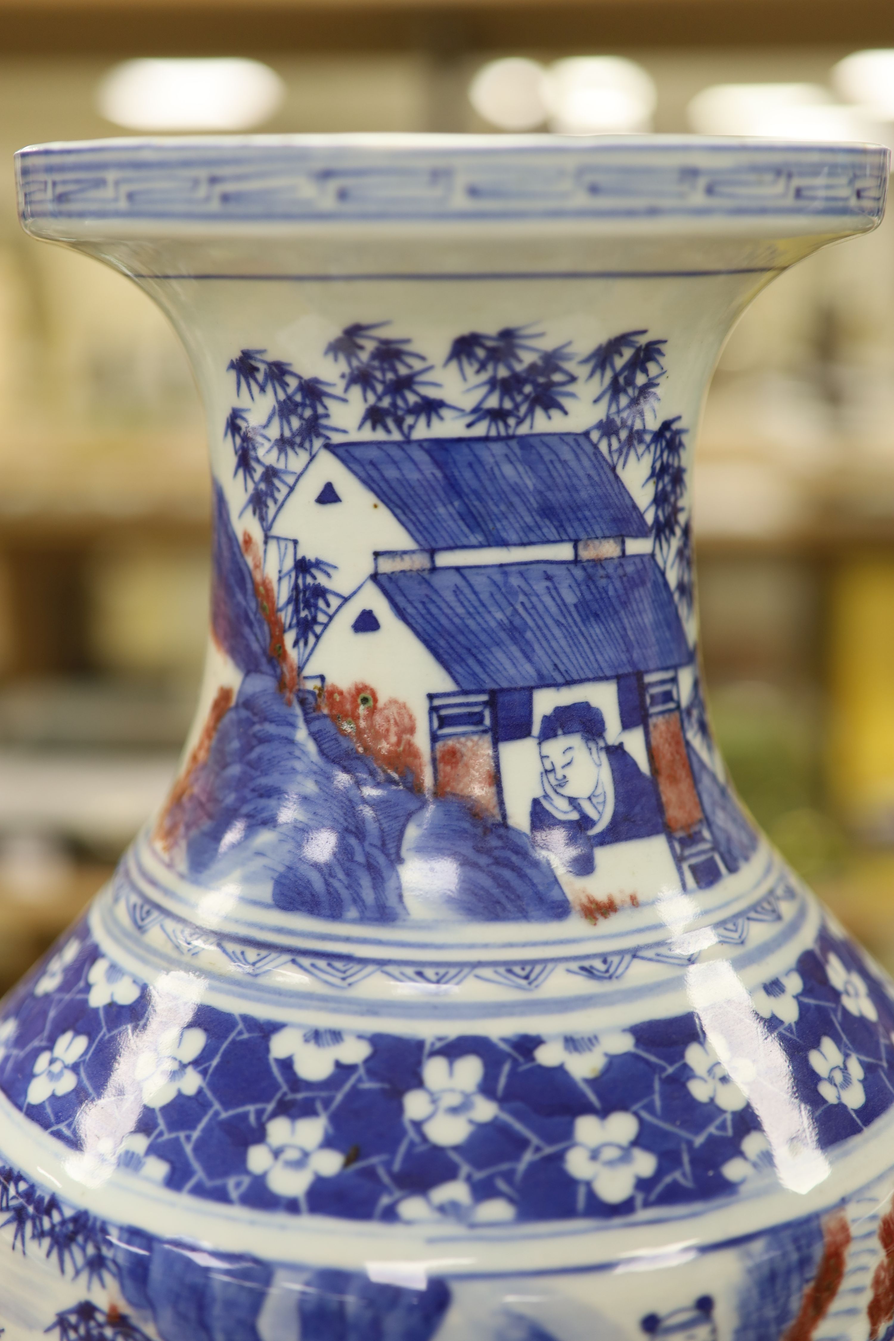 A large Chinese underglaze blue and copper red vase, height 41cm, restored neck